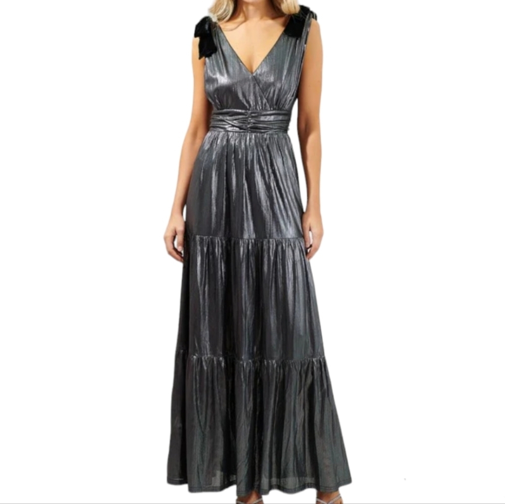 Silvery satin gunmetal long evening black dress with velvet bows